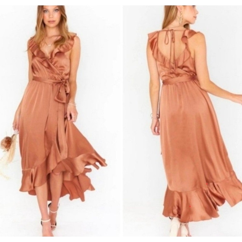 Show Me Your Mumu Samantha Ruffle Wrap Dress Bronze Satin High Low Maxi Small
